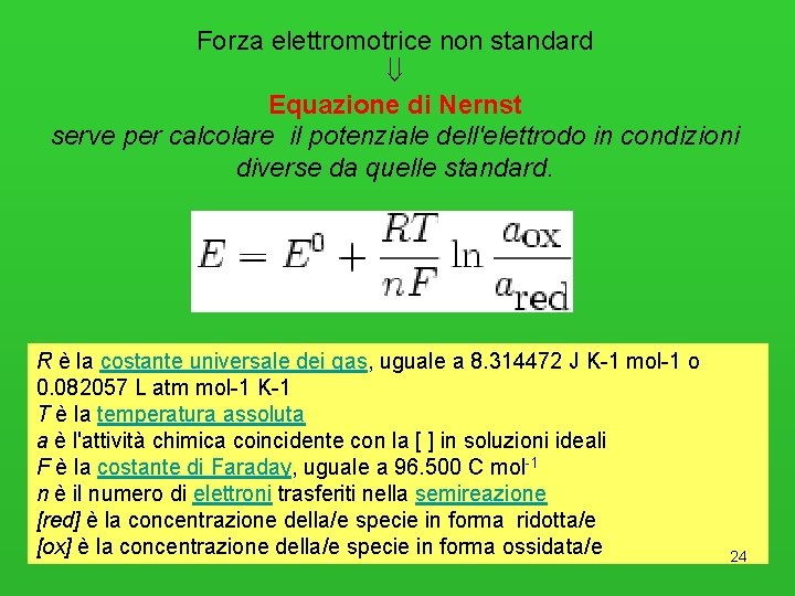 Forza elettromotrice non standard Equazione di Nernst serve per calcolare il potenziale dell'elettrodo in