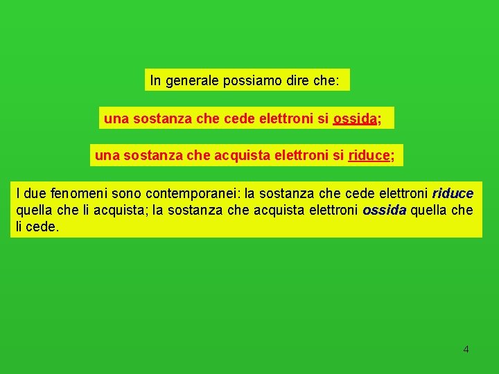 In generale possiamo dire che: una sostanza che cede elettroni si ossida; una sostanza