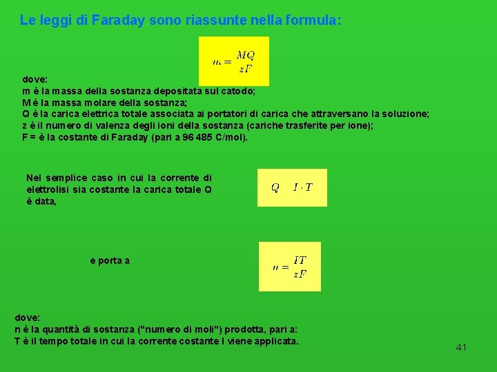Le leggi di Faraday sono riassunte nella formula: dove: m è la massa della