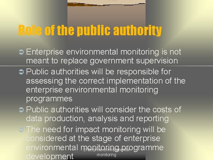 Role of the public authority Ü Enterprise environmental monitoring is not meant to replace