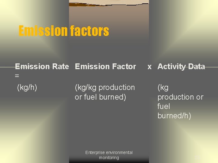 Emission factors Emission Rate Emission Factor = (kg/h) (kg/kg production or fuel burned) Enterprise