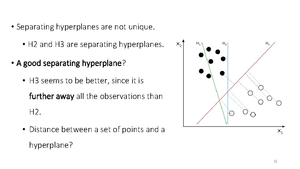  • Separating hyperplanes are not unique. • H 2 and H 3 are