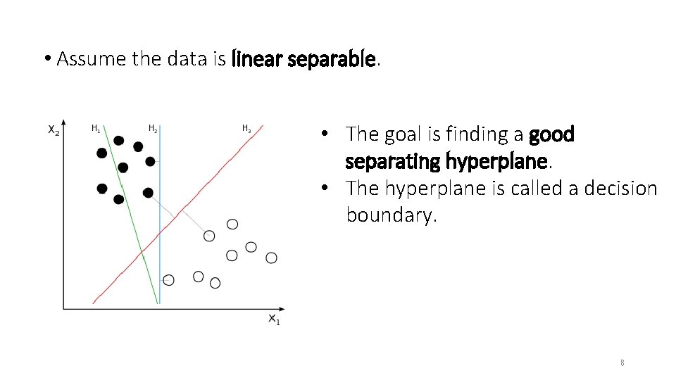  • Assume the data is linear separable. • The goal is finding a