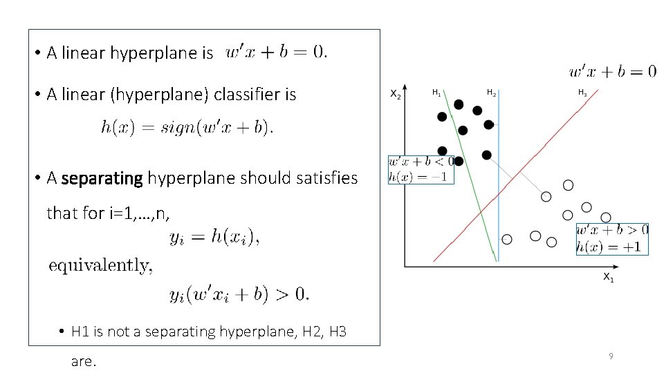  • A linear hyperplane is • A linear (hyperplane) classifier is • A