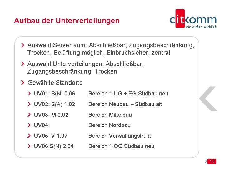 Aufbau der Unterverteilungen Auswahl Serverraum: Abschließbar, Zugangsbeschränkung, Trocken, Belüftung möglich, Einbruchsicher, zentral Auswahl Unterverteilungen: