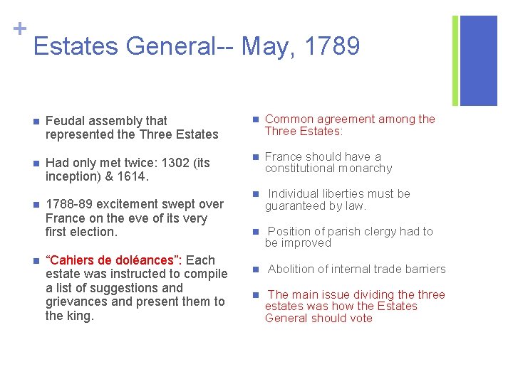 + Estates General-- May, 1789 n Feudal assembly that represented the Three Estates n