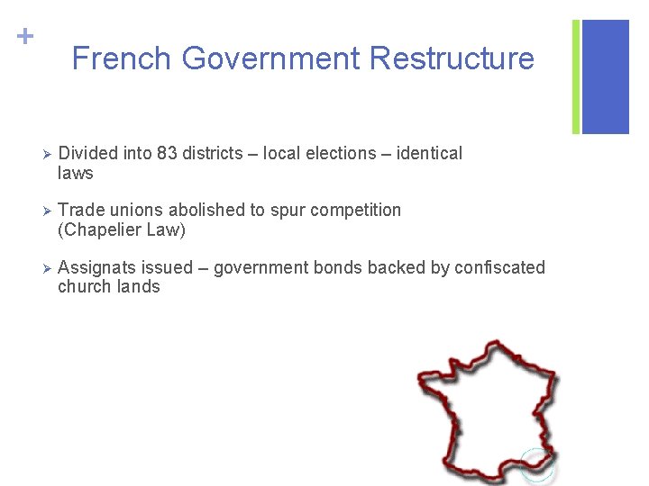 + French Government Restructure Ø Divided into 83 districts – local elections – identical