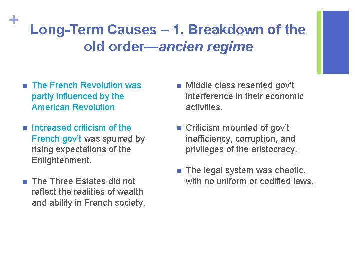 + Long-Term Causes – 1. Breakdown of the old order—ancien regime n The French