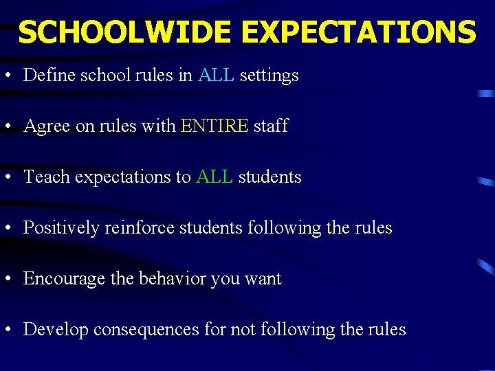 SCHOOLWIDE EXPECTATIONS • Define school rules in ALL settings • Agree on rules with SCHOOLWIDE EXPECTATIONS • Define school rules in ALL settings • Agree on rules with