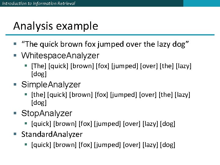 Introduction to Information Retrieval Analysis example § “The quick brown fox jumped over the