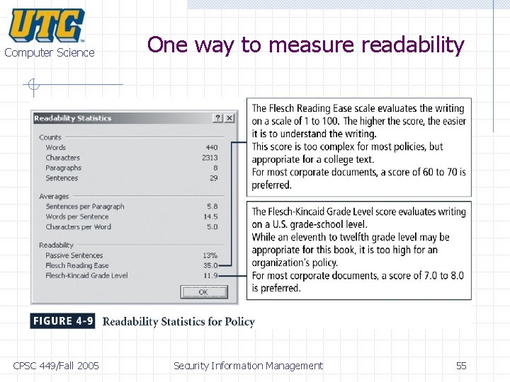 Computer Science CPSC 449/Fall 2005 One way to measure readability Security Information Management 55 Computer Science CPSC 449/Fall 2005 One way to measure readability Security Information Management 55