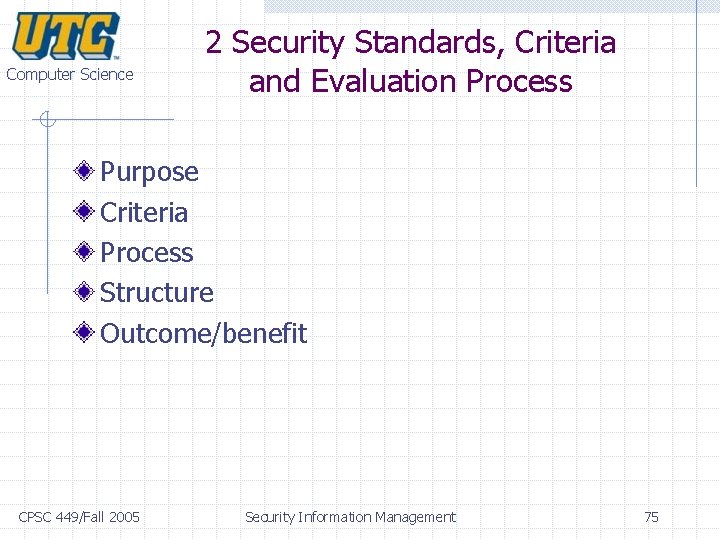 Computer Science 2 Security Standards, Criteria and Evaluation Process Purpose Criteria Process Structure Outcome/benefit Computer Science 2 Security Standards, Criteria and Evaluation Process Purpose Criteria Process Structure Outcome/benefit