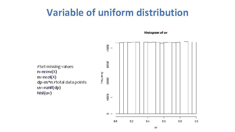 Variable of uniform distribution #Set missing values n=nrow(X) m=ncol(X) dp=m*n #total data points uv=runif(dp)