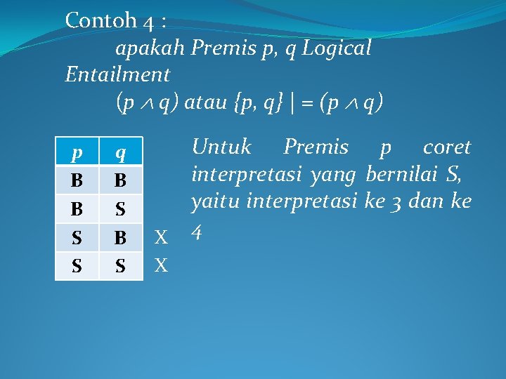 Contoh 4 : apakah Premis p, q Logical Entailment (p q) atau {p, q}