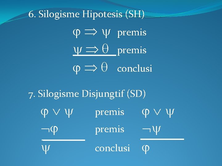 6. Silogisme Hipotesis (SH) premis conclusi 7. Silogisme Disjungtif (SD) premis conclusi 