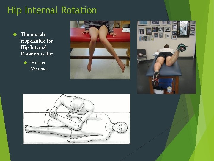 Hip Internal Rotation The muscle responsible for Hip Internal Rotation is the: Gluteus Minimus.
