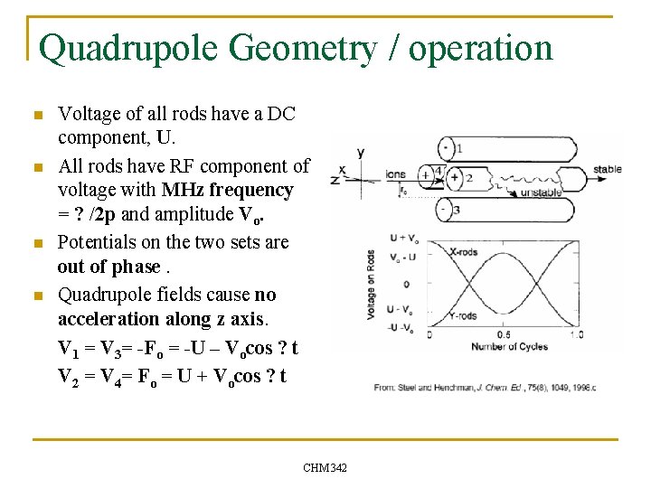 Quadrupole Geometry / operation n n Voltage of all rods have a DC component,