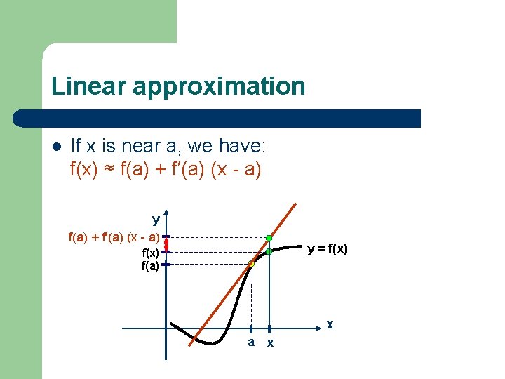 Linear approximation l If x is near a, we have: f(x) ≈ f(a) +