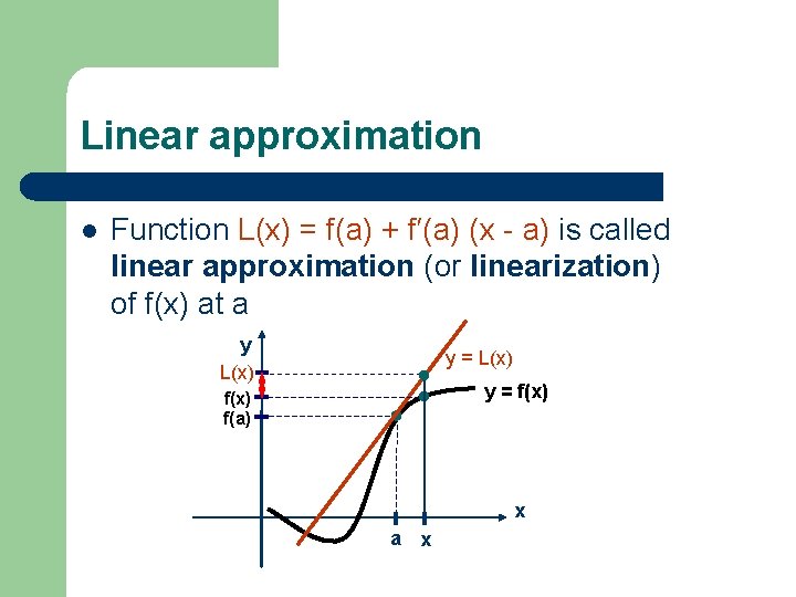 Linear approximation l Function L(x) = f(a) + f′(a) (x - a) is called
