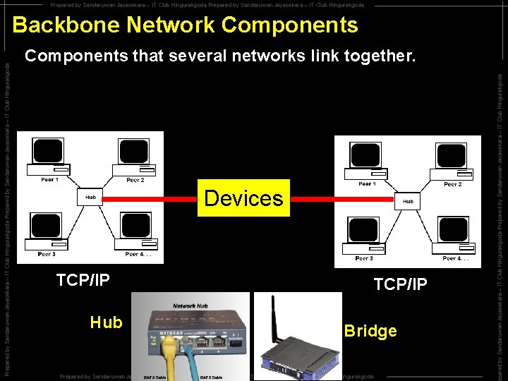 Backbone Network Components that several networks link together. Devices TCP/IP Hub TCP/IP Bridge 