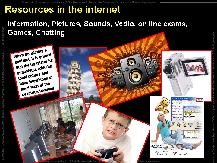 Resources in the internet Information, Pictures, Sounds, Vedio, on line exams, Games, Chatting 