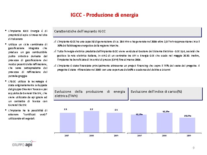 IGCC - Produzione di energia i L'impianto IGCC Energia è di proprietà di api