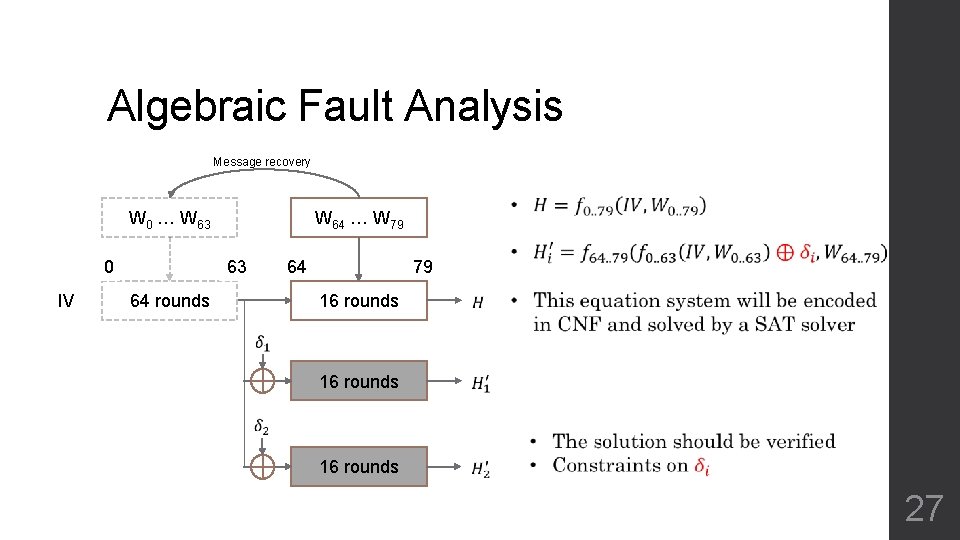 Algebraic Fault Analysis Message recovery W 0 … W 63 0 IV W 64