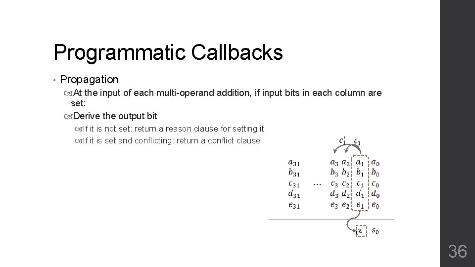 Programmatic Callbacks • Propagation At the input of each multi-operand addition, if input bits