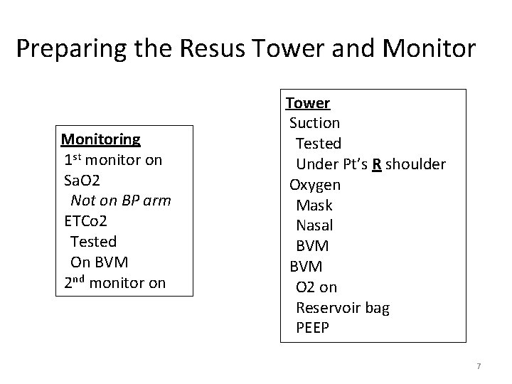 Preparing the Resus Tower and Monitoring 1 st monitor on Sa. O 2 Not