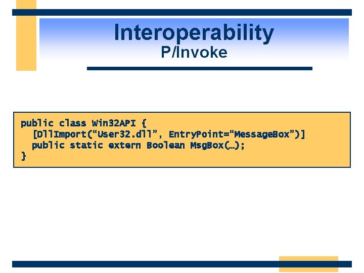 Interoperability P/Invoke public class Win 32 API { [Dll. Import(“User 32. dll”, Entry. Point=“Message.