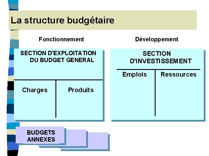 La structure budgétaire Fonctionnement SECTION D'EXPLOITATION DU BUDGET GENERAL Développement SECTION D'INVESTISSEMENT Emplois Charges La structure budgétaire Fonctionnement SECTION D'EXPLOITATION DU BUDGET GENERAL Développement SECTION D'INVESTISSEMENT Emplois Charges