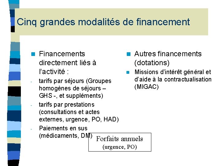 Cinq grandes modalités de financement n - - - Financements directement liés à l’activité Cinq grandes modalités de financement n - - - Financements directement liés à l’activité