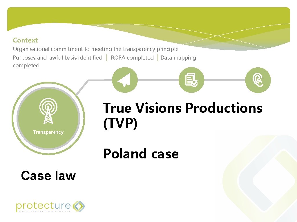 Context Organisational commitment to meeting the transparency principle Purposes and lawful basis identified |