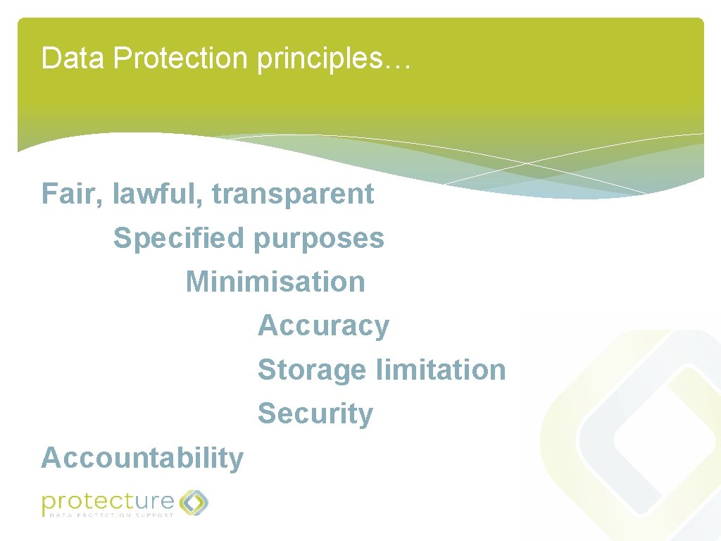 Data Protection principles… Fair, lawful, transparent Specified purposes Minimisation Accuracy Storage limitation Security Accountability