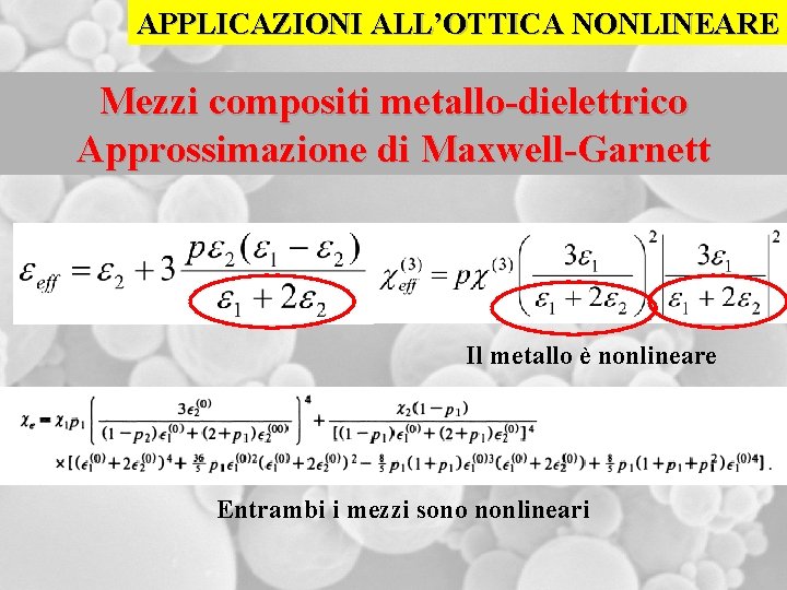 APPLICAZIONI ALL’OTTICA NONLINEARE Mezzi compositi metallo-dielettrico Approssimazione di Maxwell-Garnett Il metallo è nonlineare Entrambi