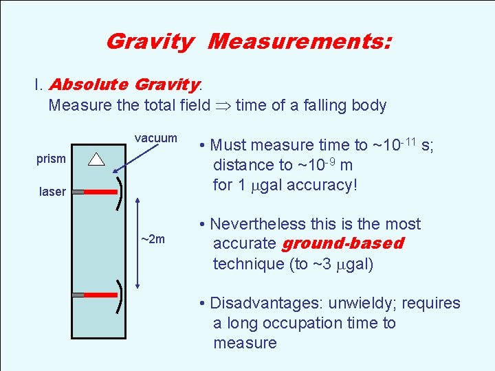 Gravity Measurements: I. Absolute Gravity: Measure the total field time of a falling body