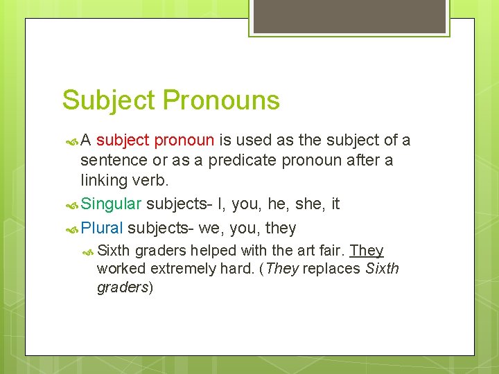 Subject Pronouns A subject pronoun is used as the subject of a sentence or