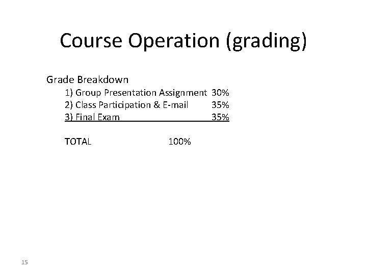 Course Operation (grading) Grade Breakdown 1) Group Presentation Assignment 30% 2) Class Participation & Course Operation (grading) Grade Breakdown 1) Group Presentation Assignment 30% 2) Class Participation &