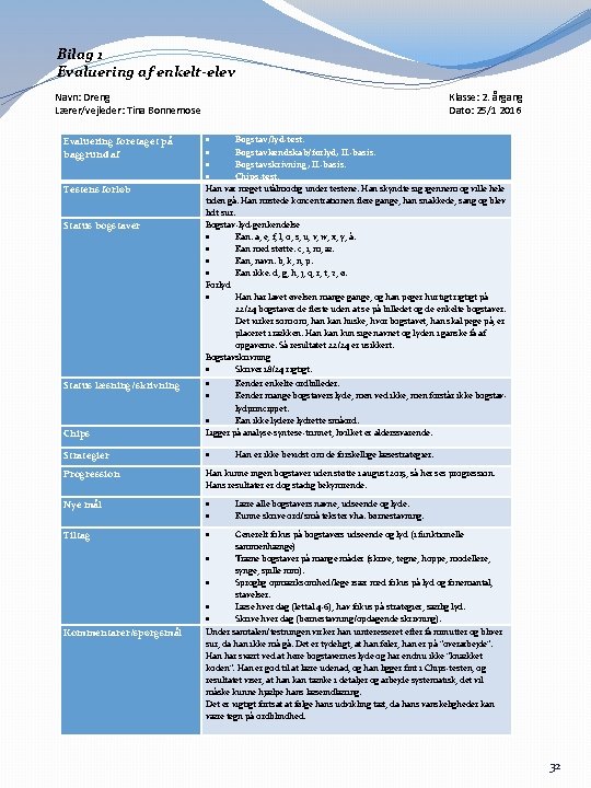 Bilag 1 Evaluering af enkelt-elev Navn: Dreng Lærer/vejleder: Tina Bonnemose Evaluering foretaget på baggrund