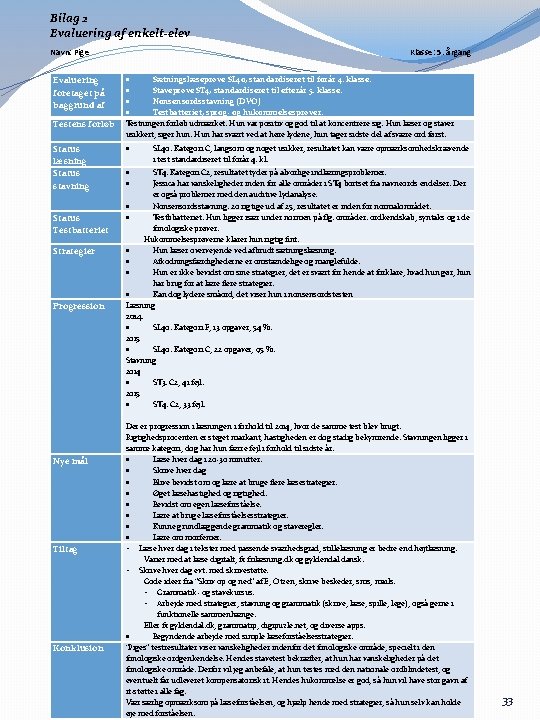 Bilag 2 Evaluering af enkelt-elev Navn: Pige Evaluering foretaget på baggrund af Testens forløb