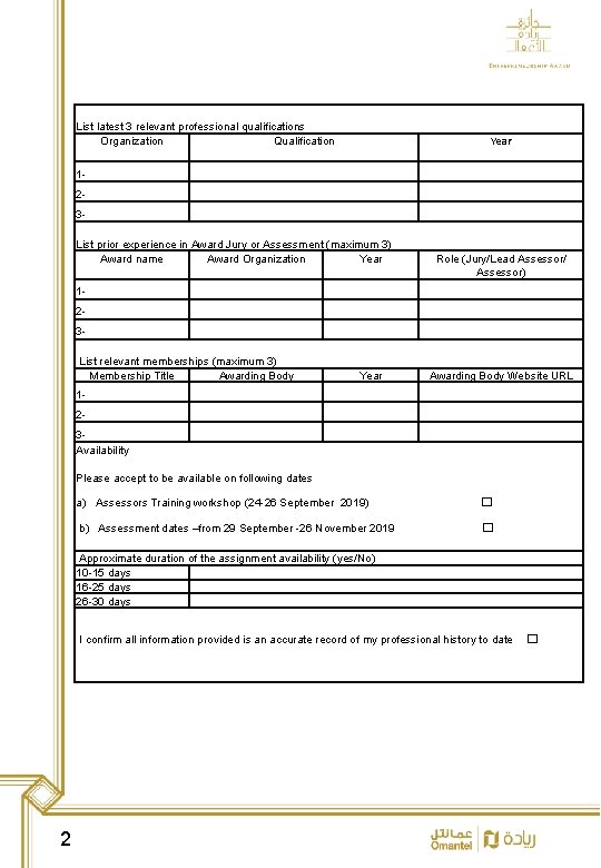 List latest 3 relevant professional qualifications Organization Qualification Year 1 - 2 - 3