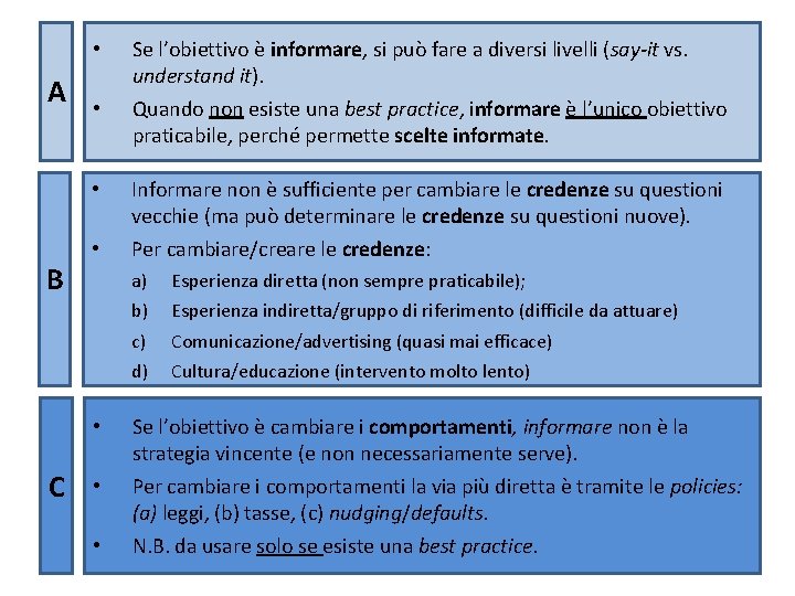  • A • • B • Informare non è sufficiente per cambiare le