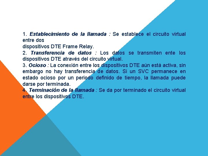 1. Establecimiento de la llamada : Se establece el circuito virtual entre dos dispositivos