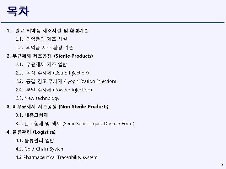 목차 1. 원료 의약품 제조시설 및 환경기준 1. 1. 의약품의 제조 시설 1. 2.