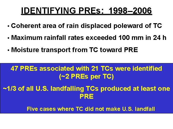 IDENTIFYING PREs: 1998– 2006 • Coherent area of rain displaced poleward of TC •