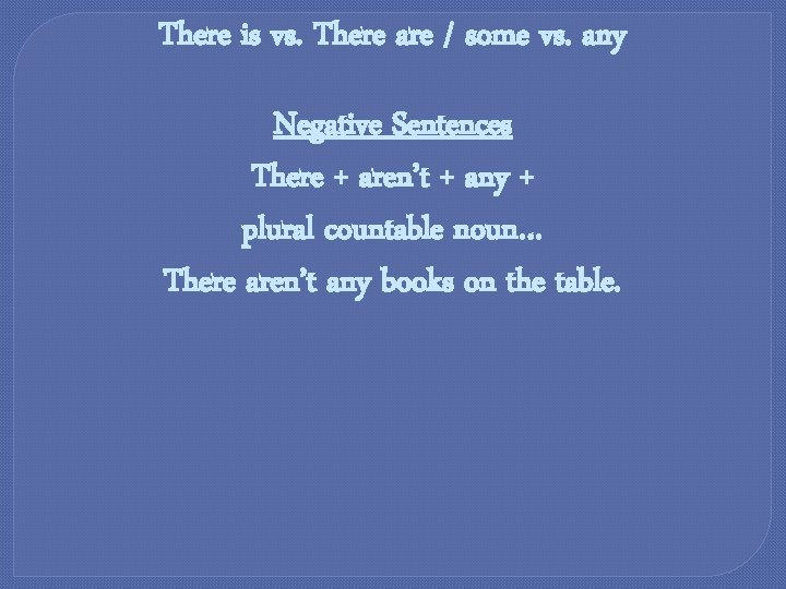 There is vs. There are / some vs. any Negative Sentences There + aren’t