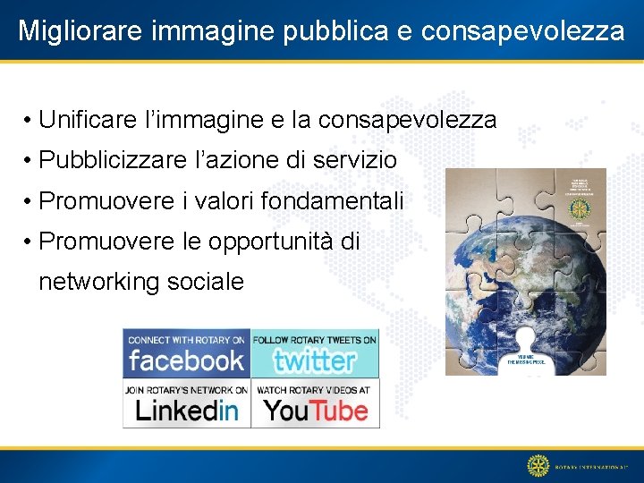 Migliorare immagine pubblica e consapevolezza • Unificare l’immagine e la consapevolezza • Pubblicizzare l’azione