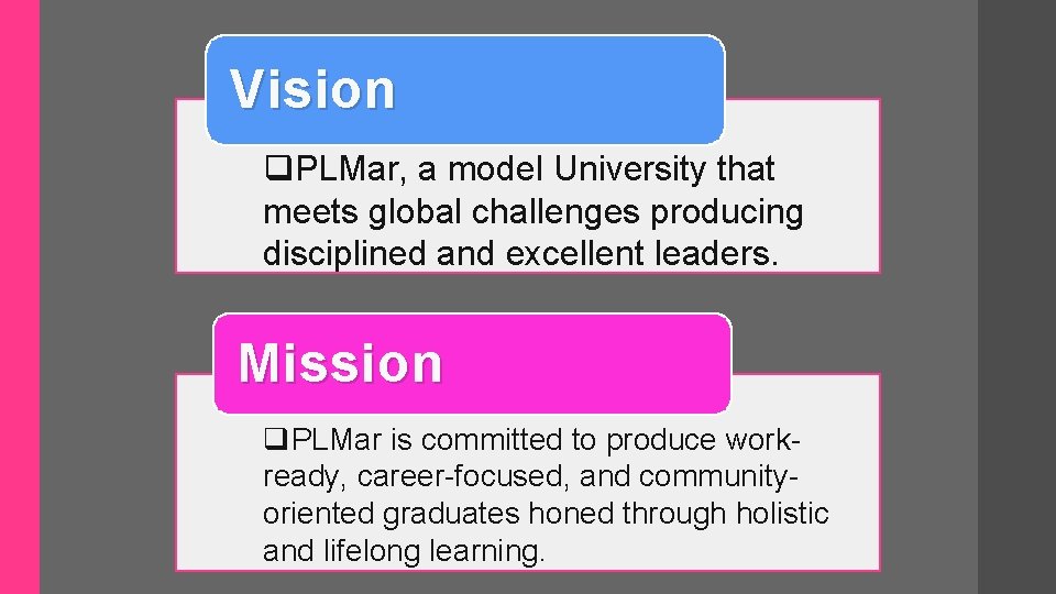 Vision q. PLMar, a model University that meets global challenges producing disciplined and excellent