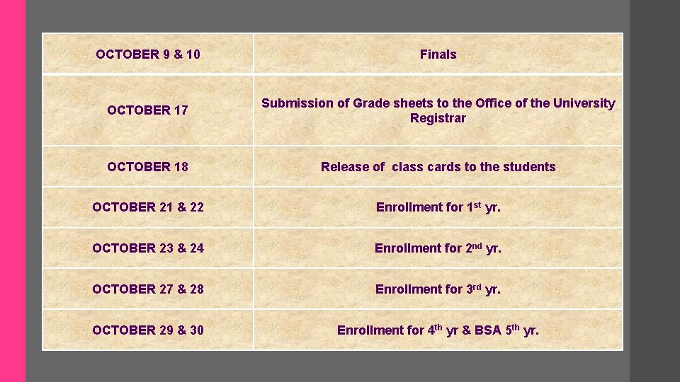 OCTOBER 9 & 10 Finals OCTOBER 17 Submission of Grade sheets to the Office