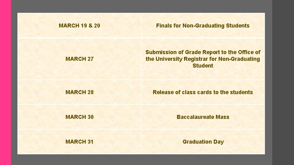 MARCH 19 & 20 Finals for Non-Graduating Students MARCH 27 Submission of Grade Report